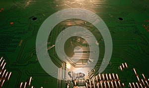 Circuit board background. Electronic circuit board texture. Computer technology, digital chip, electronic pattern. Tech