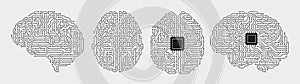 Circuit board brains. Artificial intelligence microchip, AI chip and digital brain processor vector illustration set