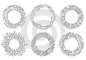 Circuit board circle frames. Abstract digital round frame, hardware board and elictronic motherboard pattern vector set