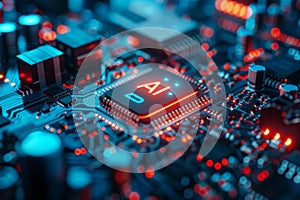 Circuit Board CPU or GPU Processor Microchip Starting Artificial Intelligence of Neural Networking and Cloud Computing