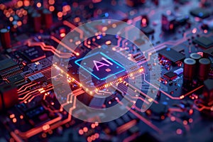 Circuit Board CPU or GPU Processor Microchip Starting Artificial Intelligence of Neural Networking and Cloud Computing