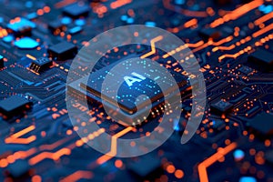 Circuit Board CPU or GPU Processor Microchip Starting Artificial Intelligence of Neural Networking and Cloud Computing