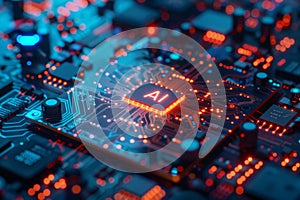 Circuit Board CPU or GPU Processor Microchip Starting Artificial Intelligence of Neural Networking and Cloud Computing