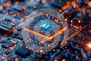 Circuit Board CPU or GPU Processor Microchip Starting Artificial Intelligence of Neural Networking and Cloud Computing