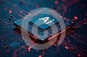 Circuit Board CPU Microchip Starting AI Visualization of Neural Networking. Digital connectors CPU