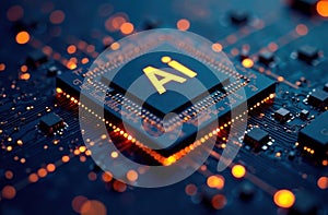 Circuit Board CPU Microchip Starting AI Visualization of Neural Networking. Digital connectors CPU