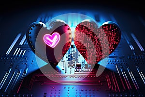 Circuit board cyber network connects two hearts, symbolizing love science
