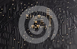 Circuit board with electronic chip. Circuit board in microelectronics macro. Circuit board for digital computing. Circuit board as