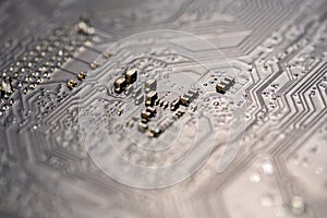 Circuit board with electronic chip. Circuit board in microelectronics macro. Circuit board for digital computing. Circuit board as