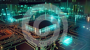 Circuit board with electronic components close-up. 3d rendering, Abstract computer circuit board and IC chip lines are illuminated