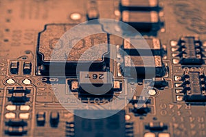 Circuit board. Electronic computer hardware technology. Information engineering component. macro photography