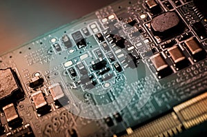 Circuit board. Electronic computer hardware technology. Information engineering component. macro photography