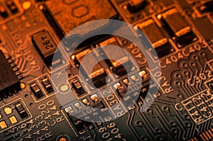 Circuit board. Electronic computer hardware technology. Information engineering component. macro photography