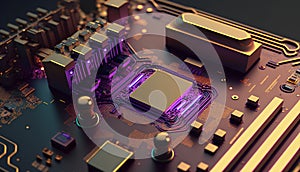 Circuit board. Electronic computer hardware technology. Motherboard digital chip. 3D rendering