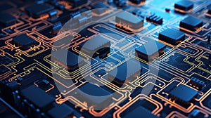 Circuit board. Electronic computer hardware technology. Motherboard digital chip. Tech science background. 3D illustration