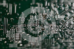 Circuit board with electronic data. Circuit board in digital texture. Circuit board for computing background. Circuit board as