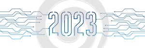 circuit board electronics digital technology banner 2023 blue