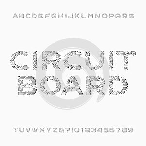 Circuit board font. Vector Alphabet. Digital hi-tech style letters and numbers.