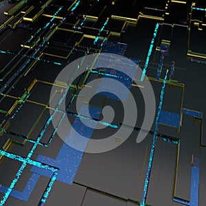 Circuit board futuristic server code processing. Angled view blue color technology black background. 3d