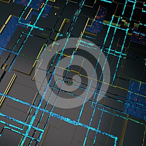 Circuit board futuristic server code processing. Angled view blue color technology black background. 3d