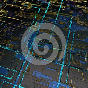 Circuit board futuristic server code processing. Angled view blue color technology black background. 3d