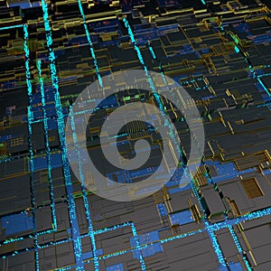 Circuit board futuristic server code processing. Angled view blue color technology black background. 3d