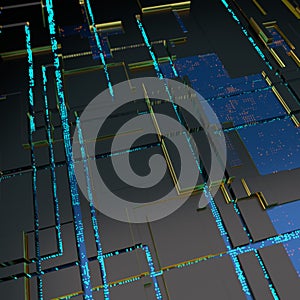 Circuit board futuristic server code processing. Angled view blue color technology black background. 3d