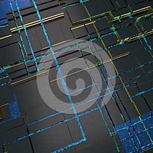 Circuit board futuristic server code processing. Angled view blue color technology black background. 3d