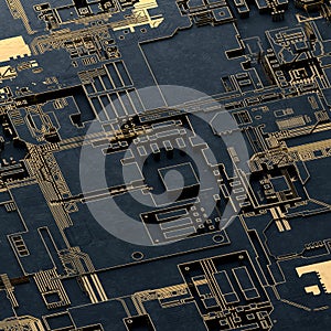 Circuit board futuristic server code processing. Gold and black technology background. 3d rendering