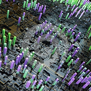 Circuit board futuristic server code processing. Multicolor technology background. 3d rendering