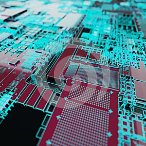 Circuit board futuristic server code processing. Neon color technology background. 3d rendering
