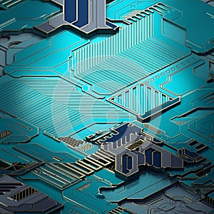 Circuit board futuristic server code processing. Turquoise technology background. 3d