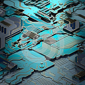 Circuit board futuristic server code processing. Turquoise technology background. 3d