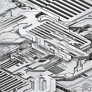 Circuit board futuristic server code processing. White technology background. 3d