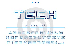 Circuit board geometric font. Digital technology, futuristic, future techno alphabet. Letters and numbers for computer