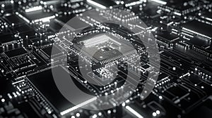 Circuit board with glowing cpu connecting data streams