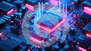 Circuit board with glowing cpu and data processing