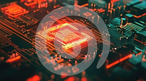 Circuit board with glowing cpu displaying data processing