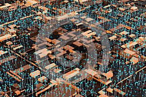 Circuit board with glowing cube and lines, 3d rendering