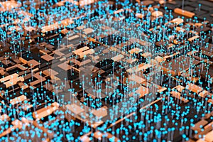 Circuit board with glowing cube and lines, 3d rendering