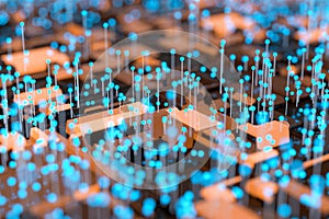 Circuit board with glowing cube and lines, 3d rendering