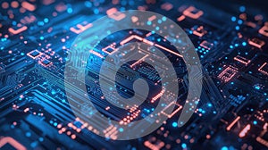 Circuit board glowing with intricate data processing pathways