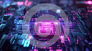 Circuit board with glowing neon lights and processor