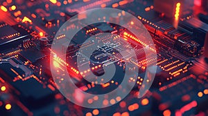 Circuit board glowing red light data processing