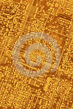 Computer Motherboard Circuit Detail Monochrome Gold Colored Background