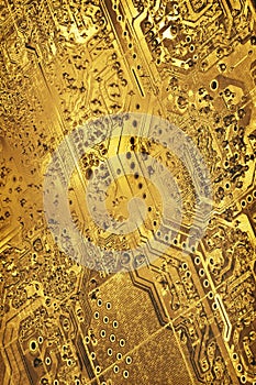 Computer Motherboard Circuit Detail Monochrome Gold Colored Vignette Background