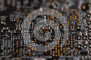 Circuit board with hardware electronics. Circuit board in macro background. Circuit board for digital computing. Circuit board as