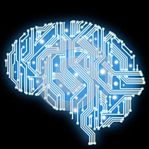 Circuit board in human brain form. Technological illustration.