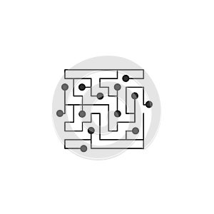 Circuit board icon. abstract square shape IT maze. Technology symbol. Computer software concept. Power elements. Flat design.