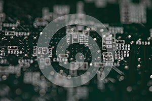 Circuit board with integrated microchip. Circuit board in electronic macro. Circuit board for computing hardware. Circuit board as